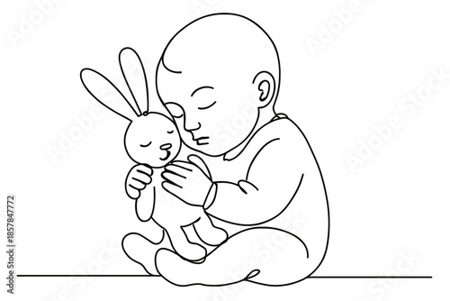 Sweet baby peacefully sleeping while hugging a beloved stuffed bunny toy