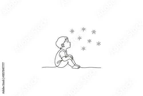 Minimalist line art of a child sitting and looking up at stars with wonder
