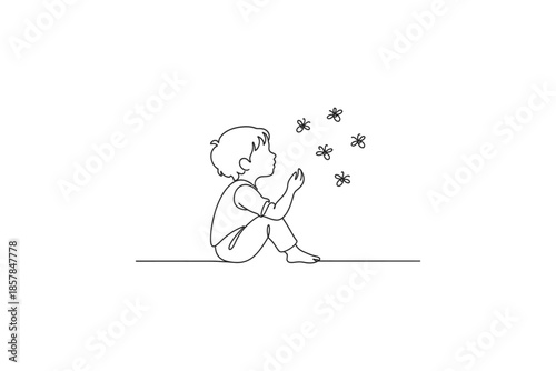 Simple line drawing of a child sitting and watching butterflies fly around them