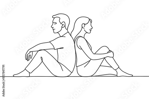 Couple sitting back to back in a minimalist line art style, conveying quiet contemplation