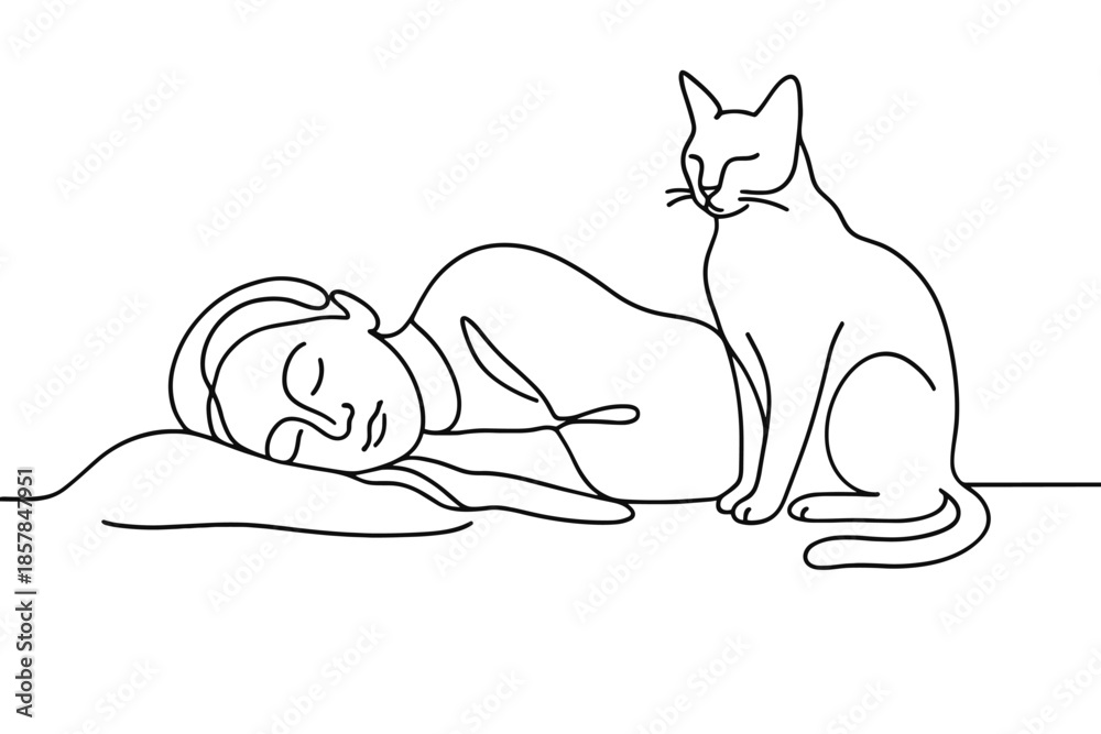 Fototapeta premium Minimalist line art of a sleeping person and a watchful cat side by side