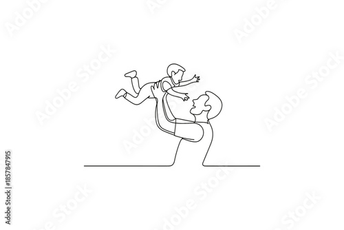 Father joyfully throws his happy child up in the air, single line art illustration