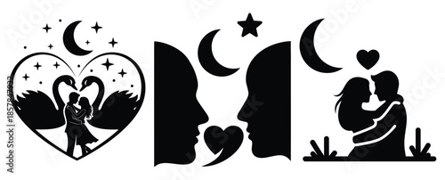 love romantic evening icon silhouette icon set, black color and white background