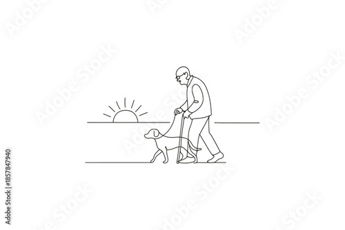 Elderly man with guide dog and cane walks at sunrise, minimalist line art
