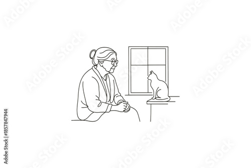 Elderly woman in glasses sits by the window, looking at a cat on the windowsill