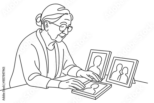 Elderly woman looking at framed photographs, reminiscing about her family and past memories