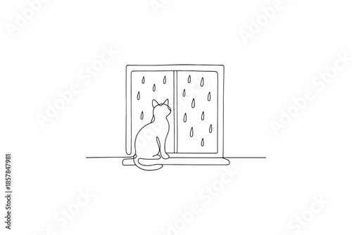 Minimalist line art of a cat sitting on a windowsill watching the rain fall outside
