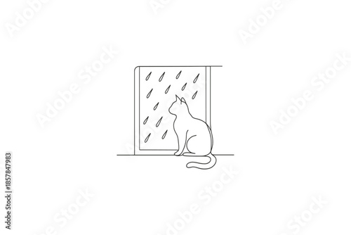 Minimalist line art of a cat sitting by a window watching the rain fall