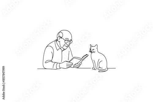 Elderly man wearing glasses reading a book with a cat sitting nearby