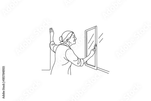 Elderly woman opens a window to let in fresh air and sunlight