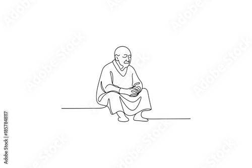 Minimalist line art of an elderly man sitting with hands clasped, conveying contemplation