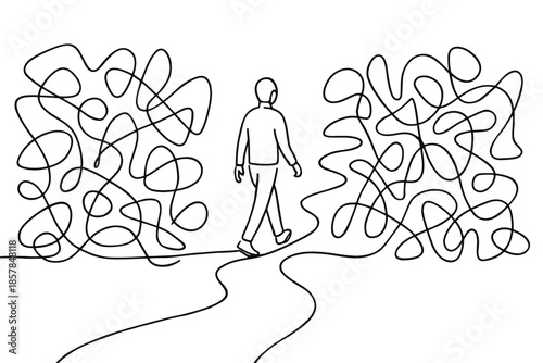 Person walking through a maze of tangled lines representing life's challenges