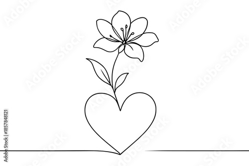 Minimalist line art of a flower growing from a heart shape on a white background