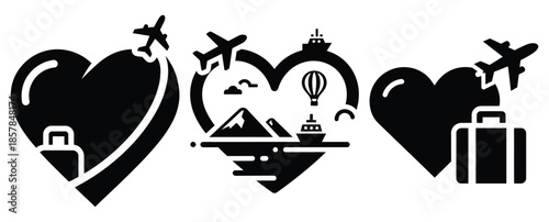 love travel silhouette icon set, black color and white background