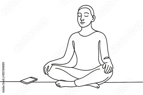 Person meditating in lotus pose with phone nearby, minimalist line art style