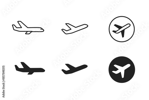 Set of airplane icons in outline and silhouette styles for travel and aviation themes