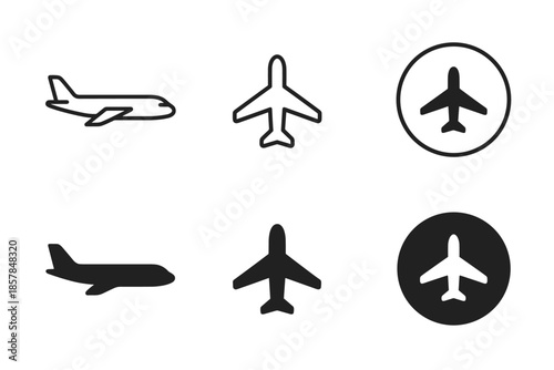 Collection of airplane icons in outline and solid silhouette styles for travel and aviation