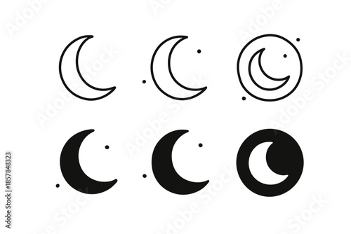 Collection of simple crescent moon icons in outline and filled styles