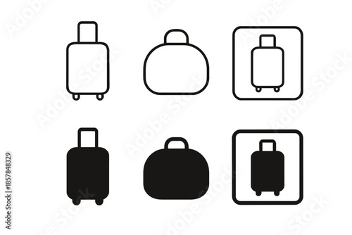 Collection of luggage icons, including rolling suitcases and duffel bags in outline and solid styles