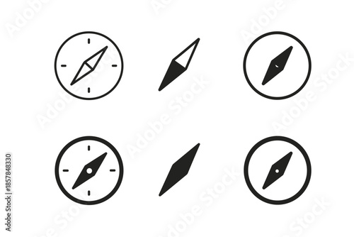 Set of simple compass icons and needle elements for navigation and direction