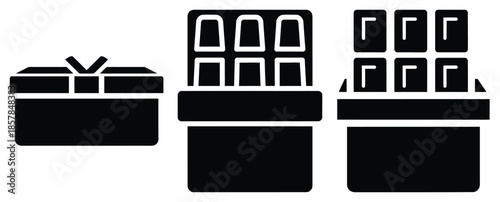 chocolate box silhouette icon set, black color and white background