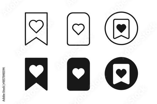 Collection of bookmark icons with heart symbols in outline and solid styles