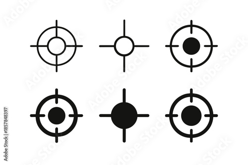 Collection of six different crosshair and target icons in black and white