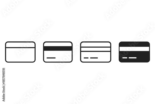 Set of four credit card icons showing different stages of design and color