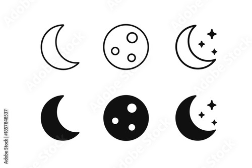 Collection of moon phases and celestial icons in outline and solid styles