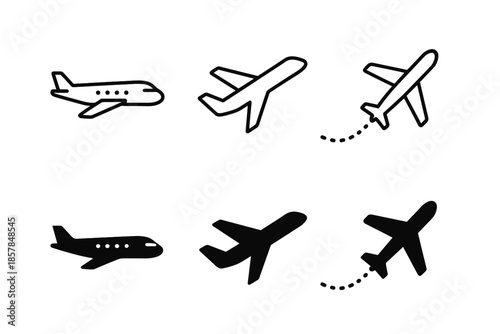 Collection of simple airplane icons in outline and solid silhouette styles