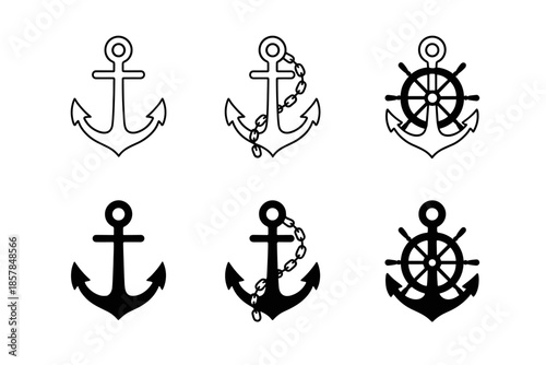 Collection of nautical anchor and ship wheel icons in outline and solid styles