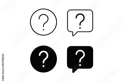 Set of four question mark icons in circle and speech bubble shapes, black and white