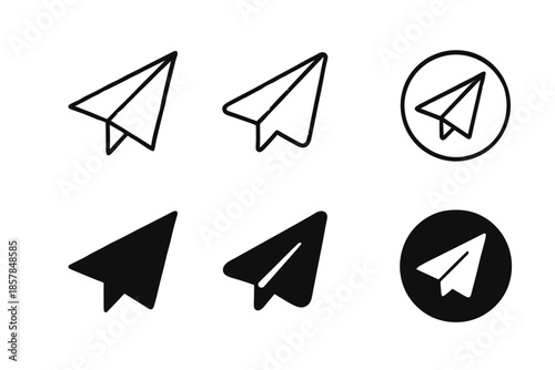 Set of paper airplane icons in outline and solid black styles for sending messages