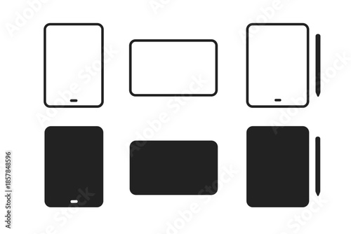 Set of minimalist tablet and stylus icons in outline and solid fill styles