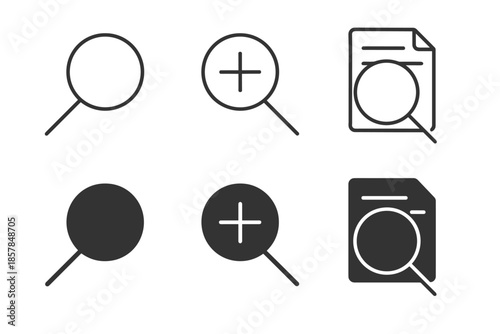 Collection of magnifying glass icons for search and zoom functions in outline and solid styles
