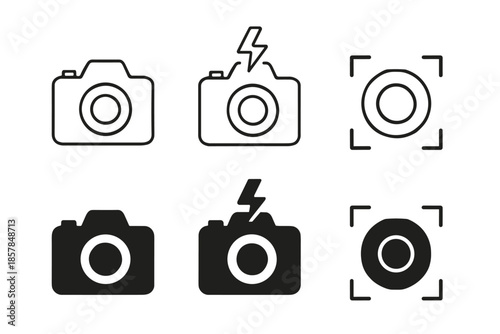Collection of camera icons, including flash and focus symbols, in outline and solid styles