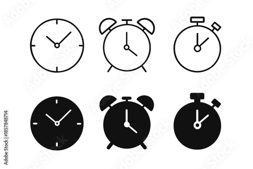 Collection of simple clock and stopwatch icons in outline and solid styles