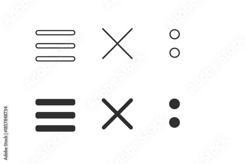 Set of UI icons: hamburger menu, close button, and ellipsis for navigation