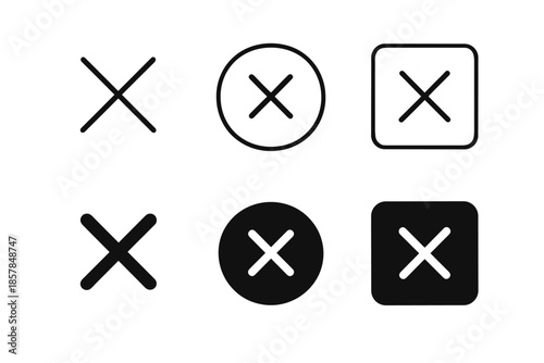 Collection of six different cross icons for closing or canceling actions