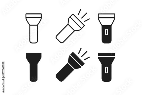 Collection of flashlight icons in outline and solid fill styles on white background