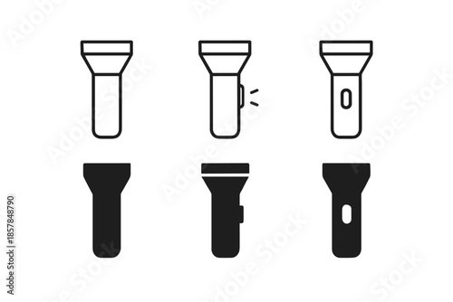 Collection of flashlight icons in outline and solid fill styles for various uses