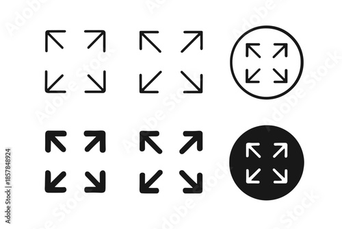 Set of four arrows pointing outwards from a central point, representing expansion