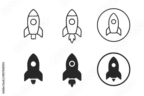 Collection of rocket ship icons in outline and solid styles for space exploration