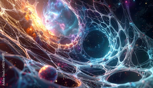 Cosmic web of glowing filaments connecting vibrant orange and blue nebulae in deep space.