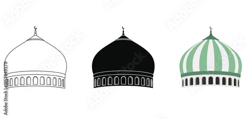 Islamic Mosque Dome in Three styles vector set line art, silhouette and color version For Ramadan, Eid and Islamic design	