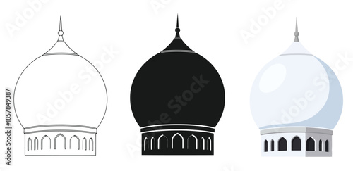 Islamic Mosque Dome in Three styles vector set line art, silhouette and color version For Ramadan, Eid and Islamic design	