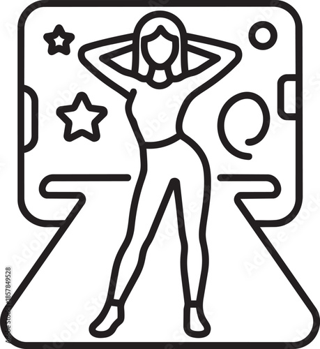 Dancing woman silhouette on spotlight stage with stars and circles vector illustration