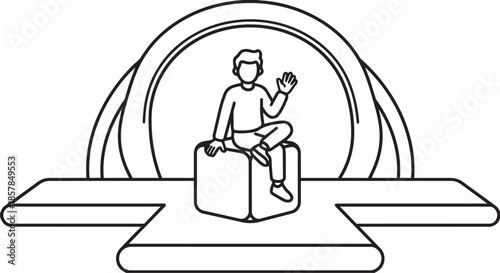 Fashion model sitting on cube at runway show with futuristic background and stage light setup