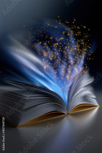 Open book releases light and particles in dark space