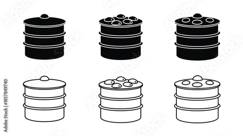 Black and white illustration of stacked dim sum steamer baskets set
